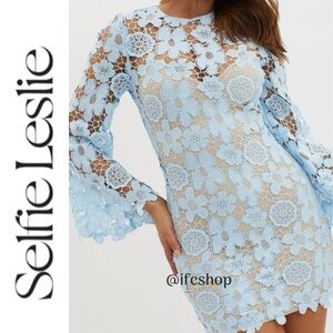 NWT Selfie Leslie Reinhart Flared Sleeve Crochet Lace Dress Baby Blue